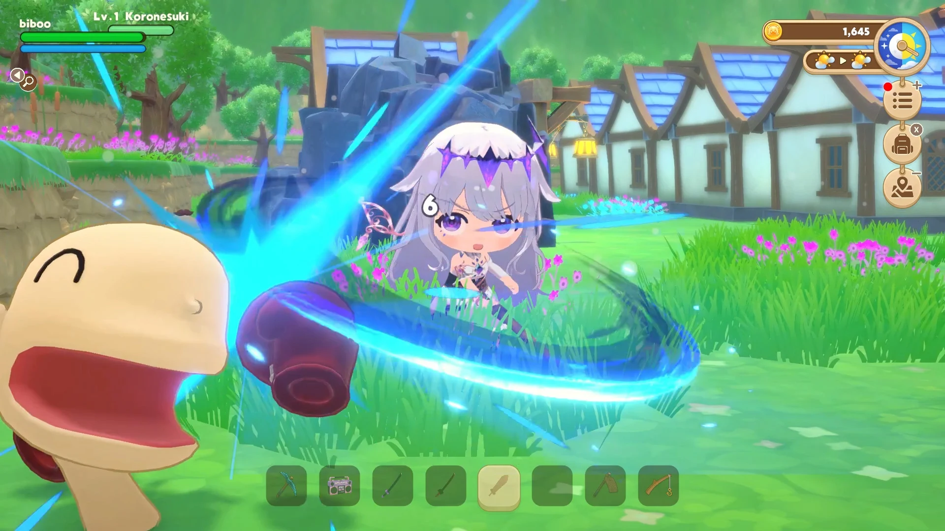Combate con espada contra Koronesuki; escena de acción con HUD y nombres propios.