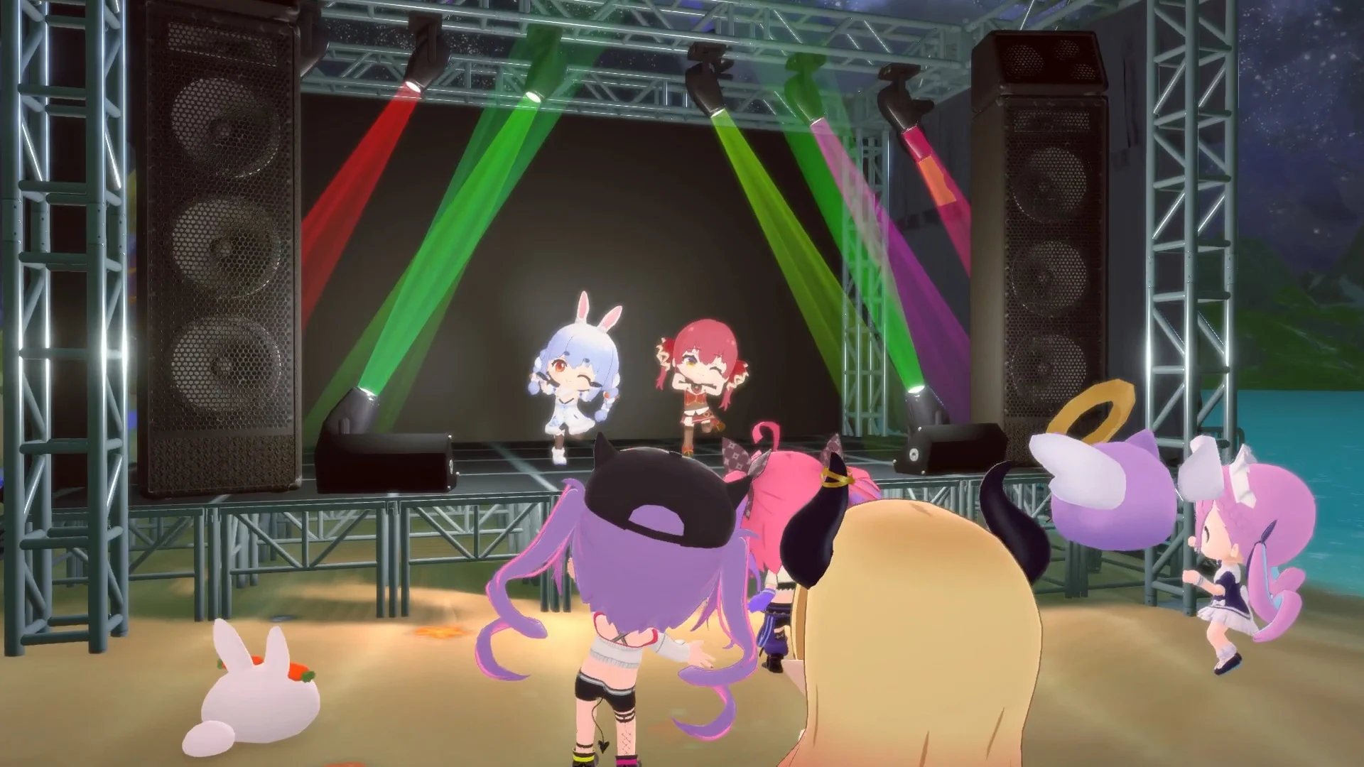 Concierto de dos personajes de hololive ante vecinos, sin texto visible.